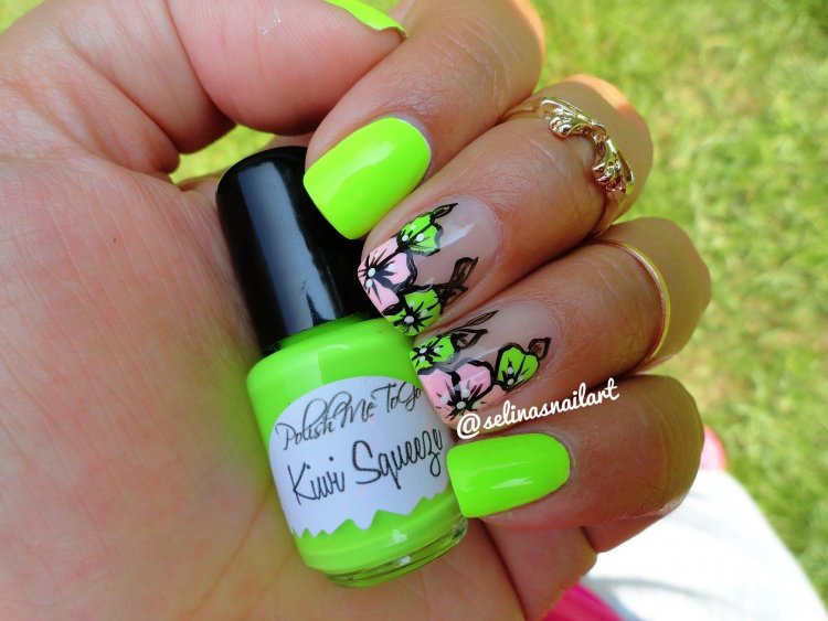 Манікюр кислотний рожевий із салатовим