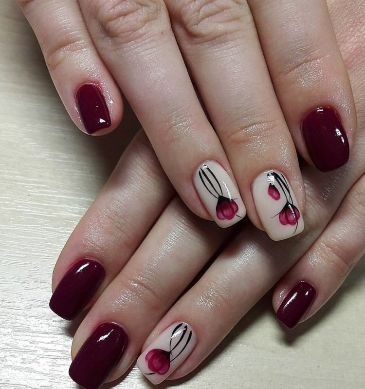 Бордовий манікюр з крапельками