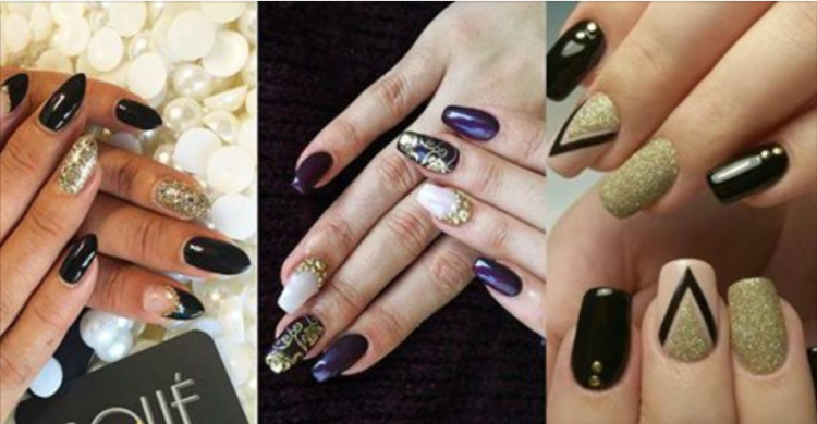 Чёрный с золотом маникюр новогодний 2022