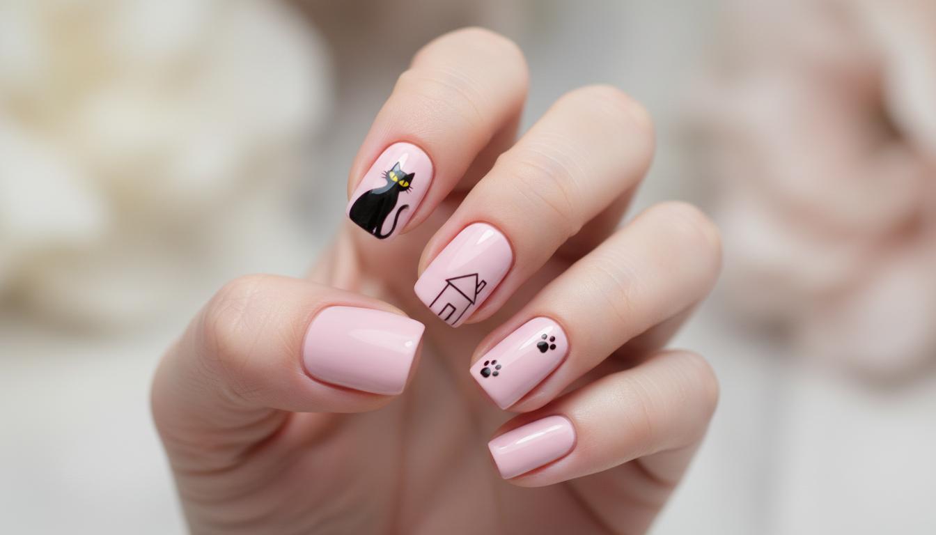 Маникюр с серой кошкой
