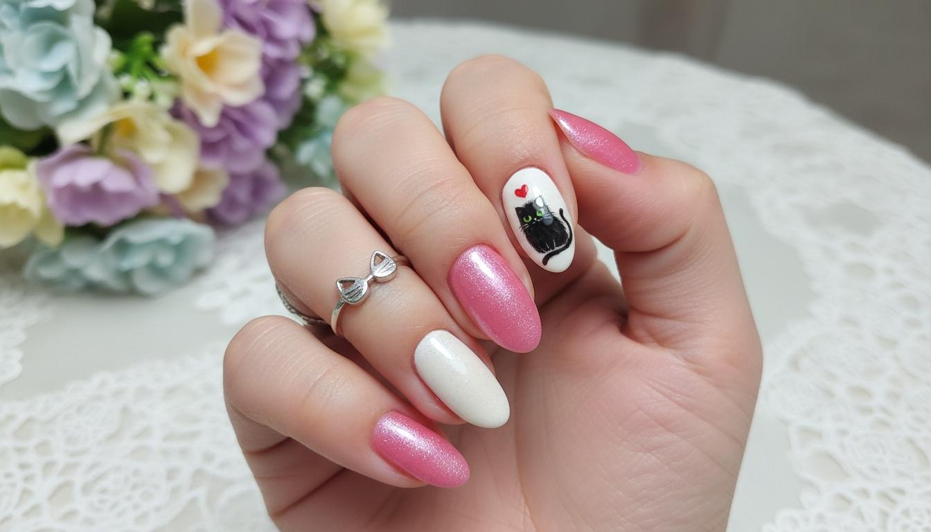 Маникюр с котом Саймоном на одном пальце