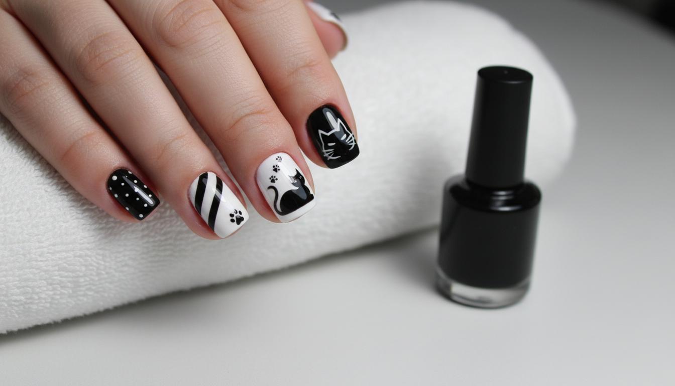 Маникюр с кошечками на короткие ногти