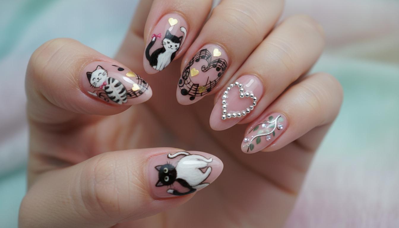 Черно белый маникюр с кошкой