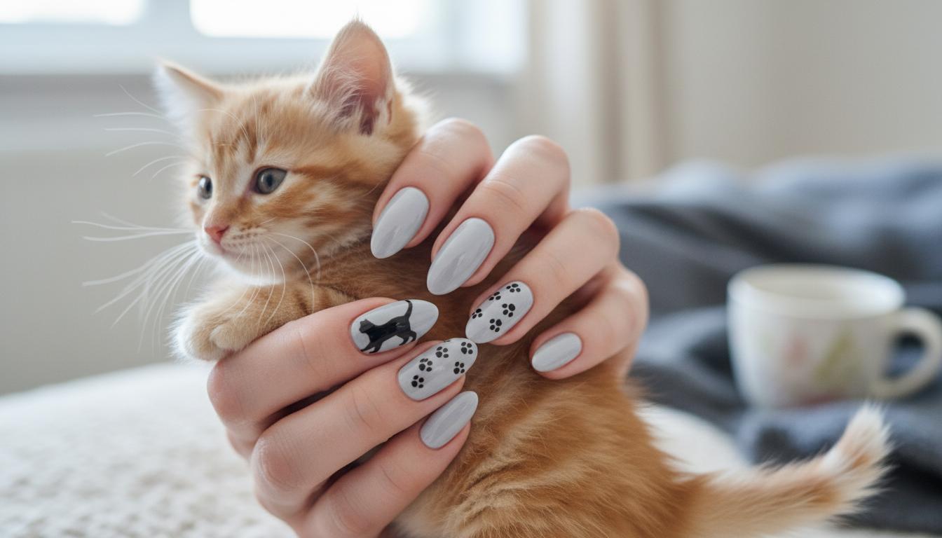 Маникюр с кошечками чёрно белыми