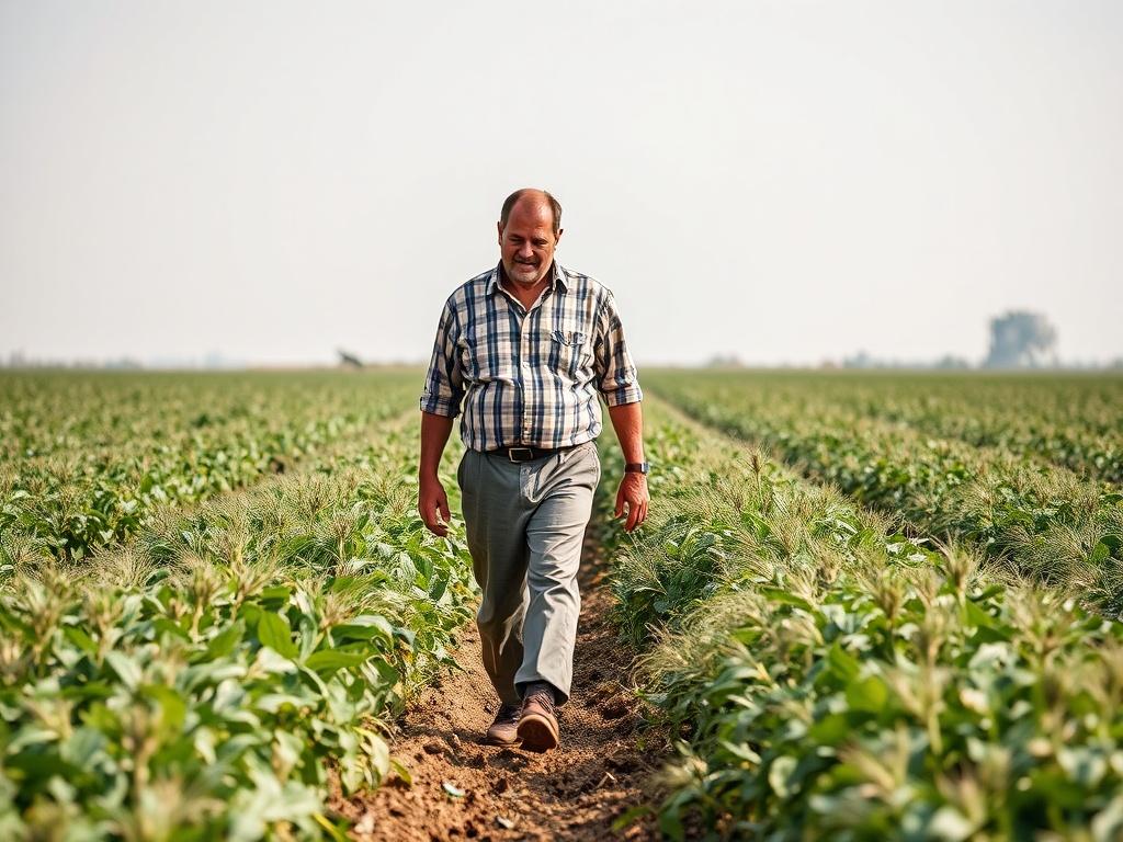The image shows a farmer walking through a field, probably inspecting or checking his crop. агроном