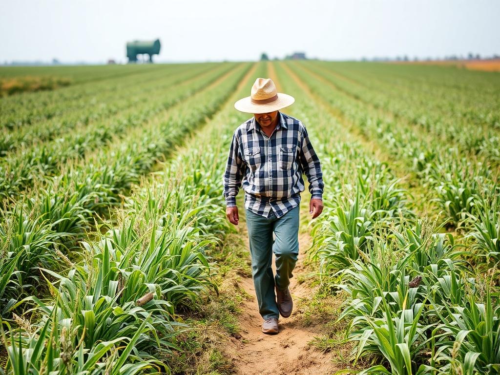 The image shows a farmer walking through a field, probably inspecting or checking his crop. агроном