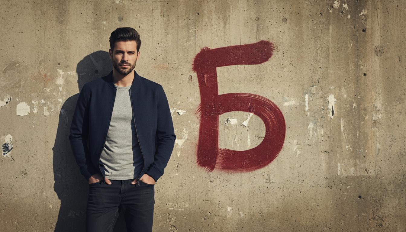 A handsome man is standing against a plain wall, with the letter Чоловічі імена на Б