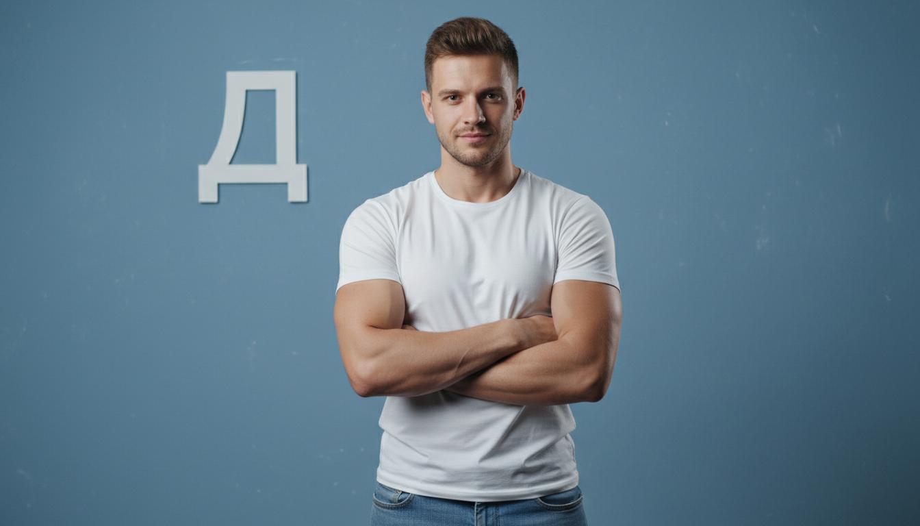 Studio portrait of a handsome athletic man with short brown hair and light stubble, wearing a plain white t-shirt and blue jeans, arms crossed, confident look, standing against a solid dusty blue background, a minimalist white letter 'Д' on the wall behind him, soft cinematic studio lighting, high resolution, photorealistic, 8k, sharp focus on eyes. Чоловічі імена на літеру "Д": повний список, значення й походження