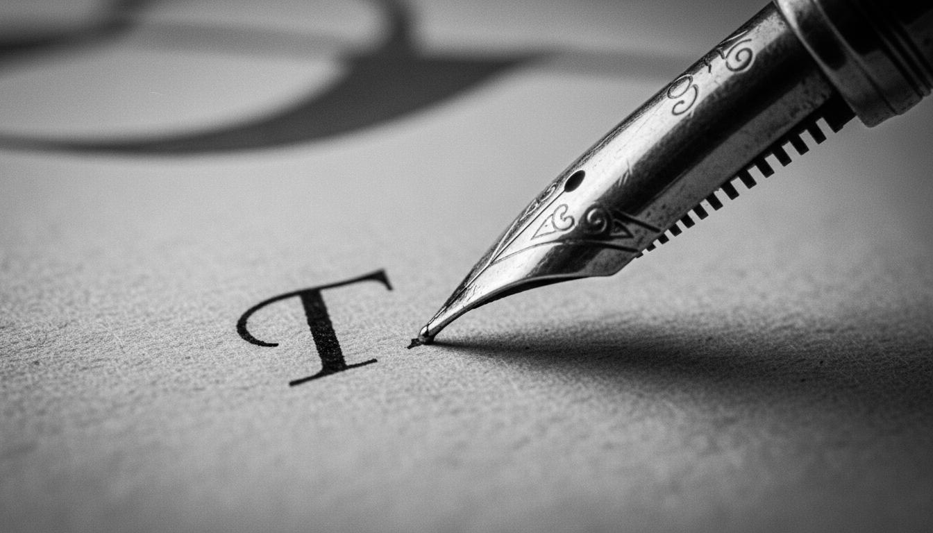 Extreme macro close-up of a vintage fountain pen nib touching textured paper, writing a stylish serif letter 'Г', black and white photography, elegant ink flow, shallow depth of field, blurred background, high contrast, cinematic lighting, 8k resolution, highly detailed textures of metal and paper. Чоловічі імена на букву Г