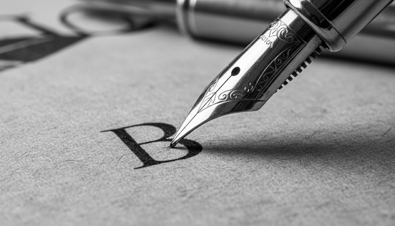 Extreme macro close-up of a vintage fountain pen nib touching textured paper, writing a stylish serif letter 'В', black and white photography, elegant ink flow, shallow depth of field, blurred background, high contrast, cinematic lighting, 8k resolution, highly detailed textures of metal and paper. Список чоловічих імен на букву В