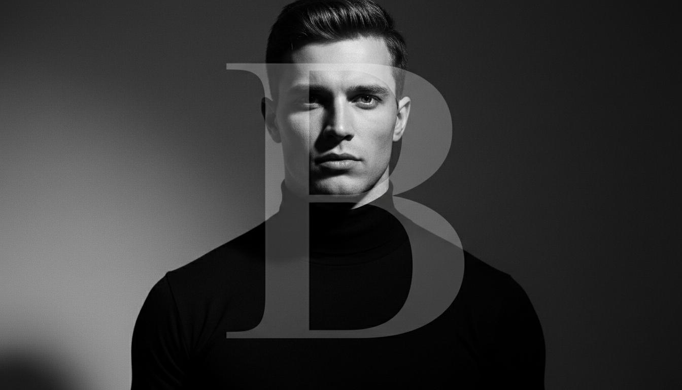 Black and white artistic portrait of a handsome athletic man, intense gaze, dramatic high-contrast lighting, Chiaroscuro style, deep shadows, muscular shoulders, a large semi-transparent serif letter 'B' superimposed over the center of the image, minimalist fashion photography, magazine cover aesthetic, sharp focus, 8k resolution, cinematic grain. Список чоловічих імен на букву В
