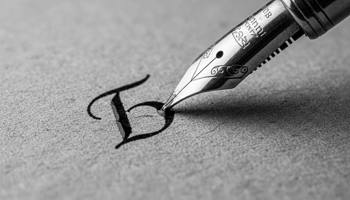 Extreme macro close-up of a vintage fountain pen nib touching textured paper, writing a stylish serif letter 'Б', black and white photography, elegant ink flow, shallow depth of field, blurred background, high contrast, cinematic lighting, 8k resolution, highly detailed textures of metal and paper. Список чоловічих імен на букву Б
