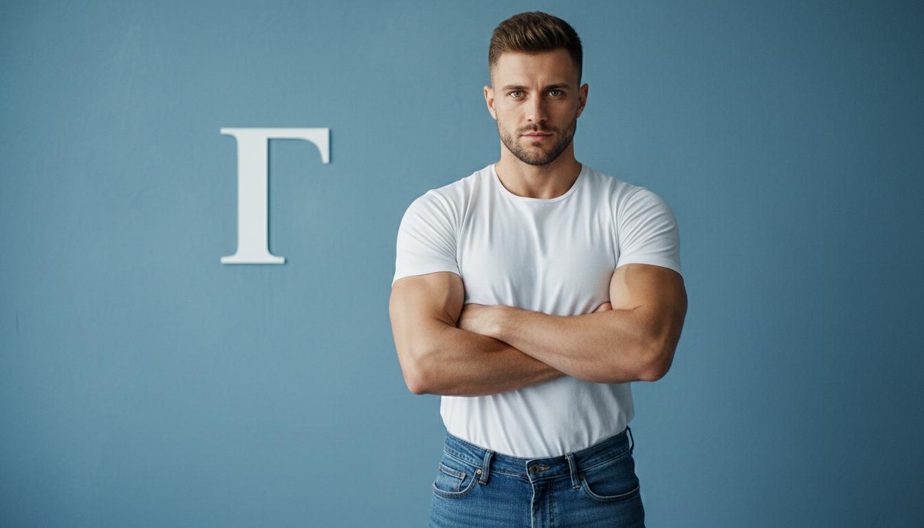 Studio portrait of a handsome athletic man with short brown hair and light stubble, wearing a plain white t-shirt and blue jeans, arms crossed, confident look, standing against a solid dusty blue background, a minimalist white letter 'Г' on the wall behind him, soft cinematic studio lighting, high resolution, photorealistic, 8k, sharp focus on eyes. Список чоловічих імен на букву Г