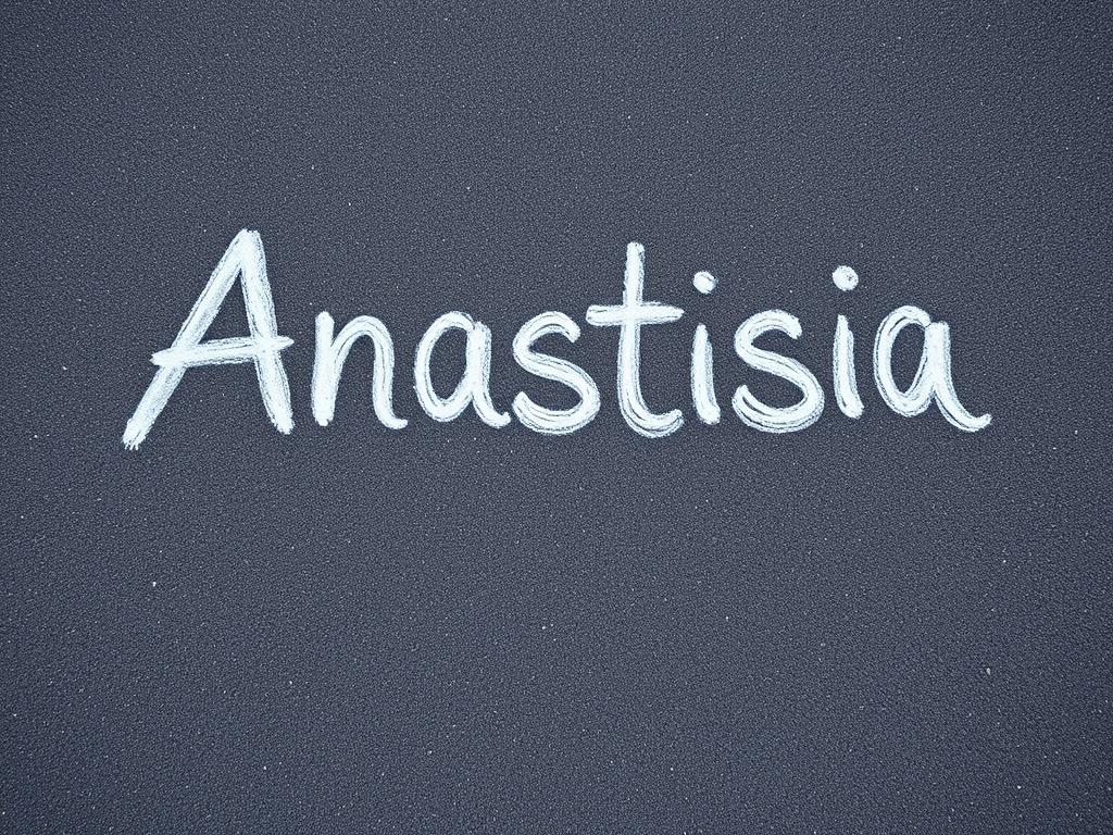 The image shows the female name Anastasia written with chalk on the asphalt. Анастасія - значення та пестливі звертання для імені