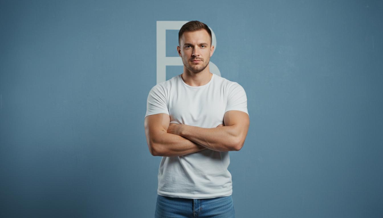 Studio portrait of a handsome athletic man with short brown hair and light stubble, wearing a plain white t-shirt and blue jeans, arms crossed, confident look, standing against a solid dusty blue background, a minimalist white letter 'В' on the wall behind him, soft cinematic studio lighting, high resolution, photorealistic, 8k, sharp focus on eyes. Список чоловічих імен на букву В