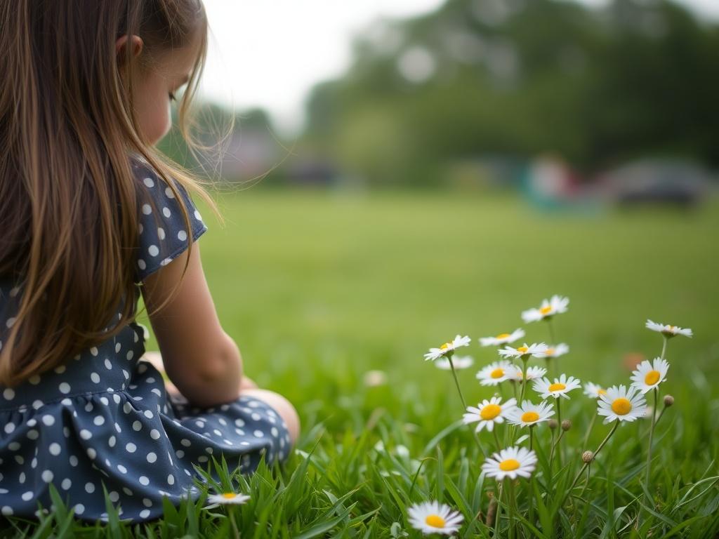 The girl is sitting on the lawn next to growing daisies. Анастасія
