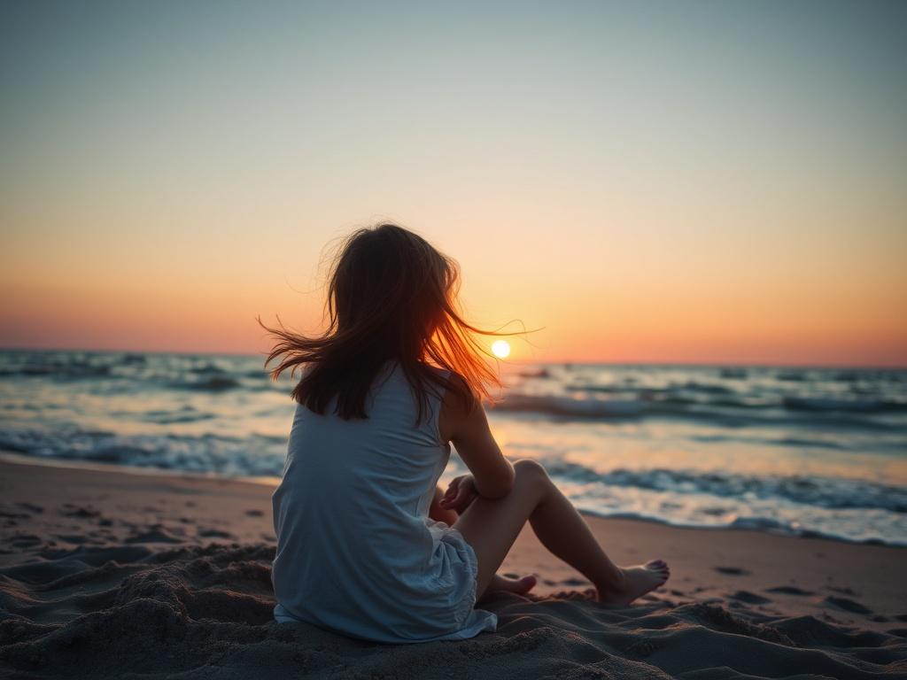 A girl sits on the beach and watches the sunset with her hair blowing in the wind. Девушка сидит на пляже и смотрит на закат с волосами, дующими на ветру