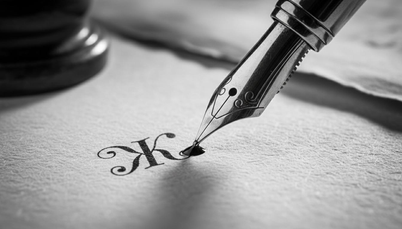 Extreme macro close-up of a vintage fountain pen nib touching textured paper, writing a stylish serif letter 'Ж', black and white photography, elegant ink flow, shallow depth of field, blurred background, high contrast, cinematic lighting, 8k resolution, highly detailed textures of metal and paper. Чоловічі імена на букву Ж