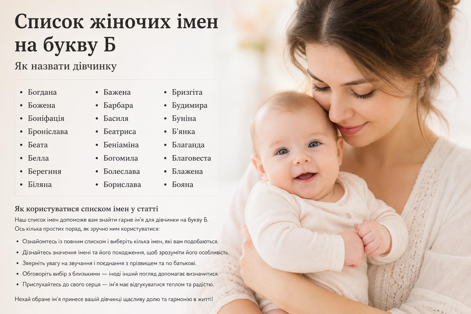 Список жіночих імен на букву Б, як назвати дівчинку. Як користуватися списком імен у статті Список жіночих імен на букву Б, як назвати дівчинку. Як користуватися списком імен у статті
