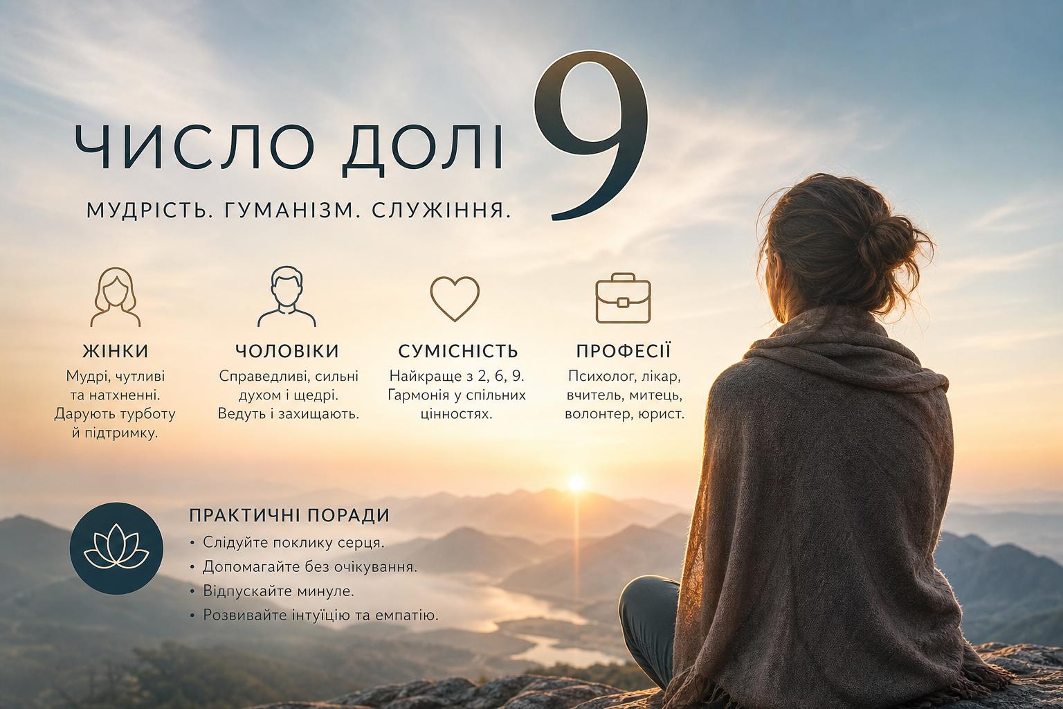 Значення числа долі 9: опис для жінок і чоловіків, сумісність і професії. Практичні поради для життєвого шляху 9 Значення числа долі 9: опис для жінок і чоловіків, сумісність і професії. Практичні поради для життєвого шляху 9