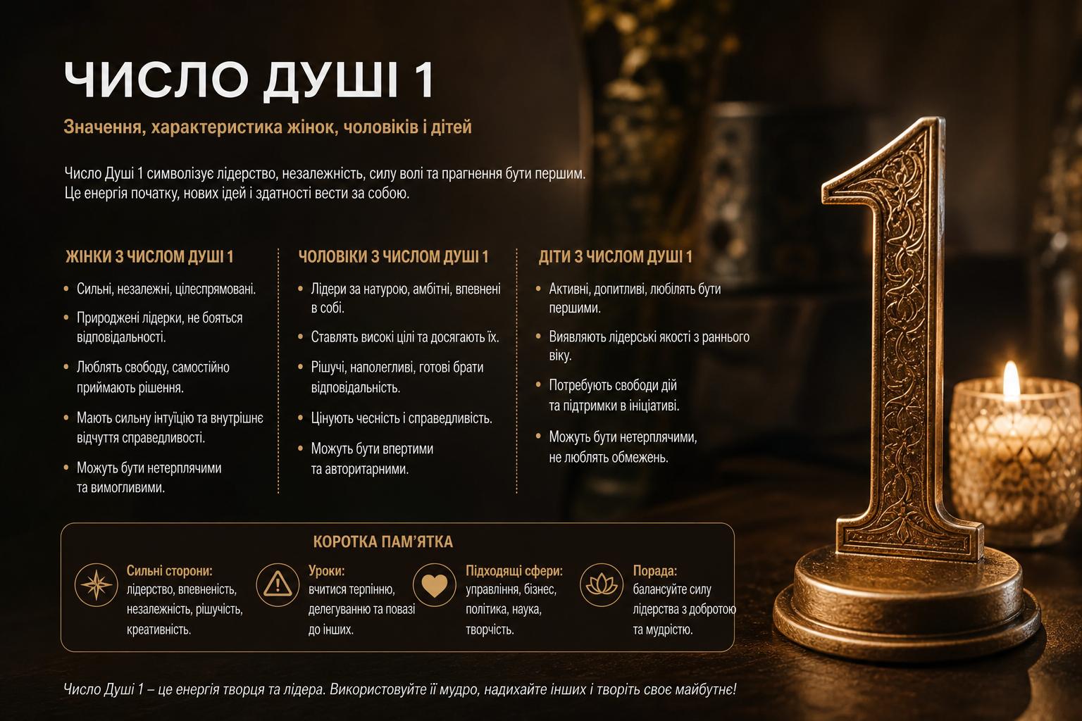 Число душі 1: значення, характеристика жінок, чоловіків і дітей. Коротка пам’ятка Число душі 1: значення, характеристика жінок, чоловіків і дітей. Коротка пам’ятка