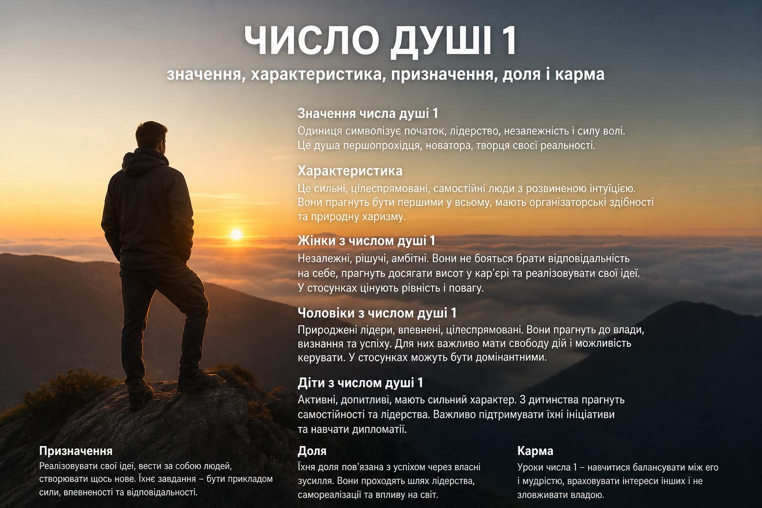 Число душі 1: значення, характеристика жінок, чоловіків і дітей. Призначення, доля і карма числа душі 1 Число душі 1: значення, характеристика жінок, чоловіків і дітей. Призначення, доля і карма числа душі 1