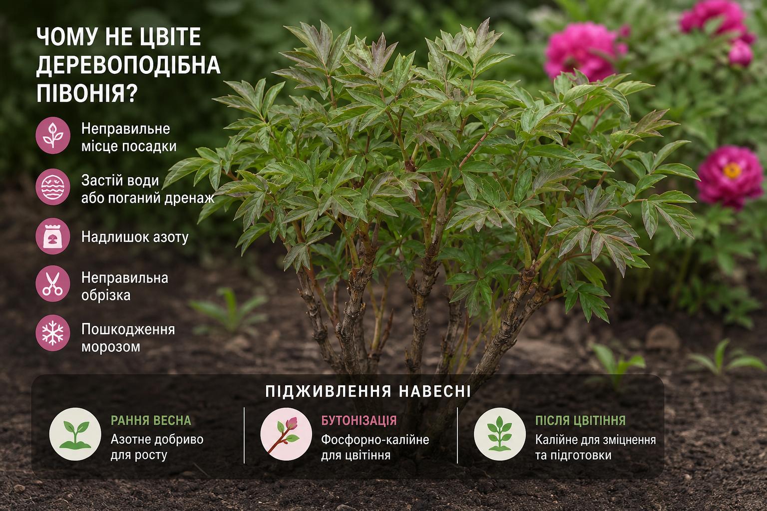 Чому не цвіте деревоподібна півонія, що робити, основні причини. Підживлення деревоподібної півонії навесні: що і коли Чому не цвіте деревоподібна півонія, що робити, основні причини. Підживлення деревоподібної півонії навесні: що і коли