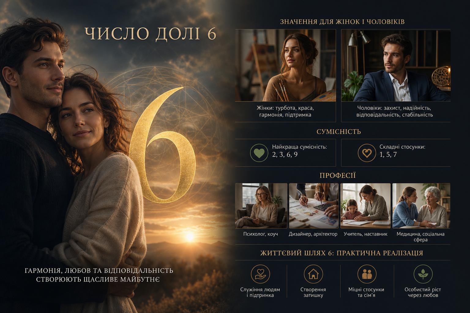 Значення числа долі 6: опис для жінок і чоловіків, сумісність і професії. Життєвий шлях 6: практична реалізація Значення числа долі 6: опис для жінок і чоловіків, сумісність і професії. Життєвий шлях 6: практична реалізація