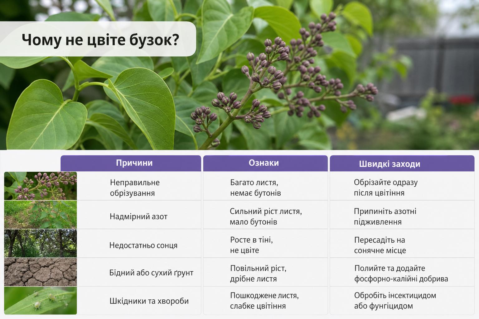 Чому не цвіте бузок, що робити, основні причини. Таблиця: причини, ознаки та швидкі заходи Чому не цвіте бузок, що робити, основні причини. Таблиця: причини, ознаки та швидкі заходи