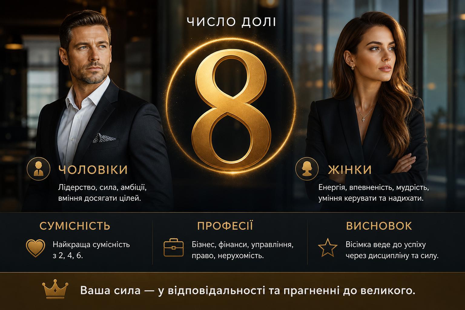Значення числа долі 8: опис для жінок і чоловіків, сумісність і професії. Короткі висновки для тих, у кого число долі 8 Значення числа долі 8: опис для жінок і чоловіків, сумісність і професії. Короткі висновки для тих, у кого число долі 8