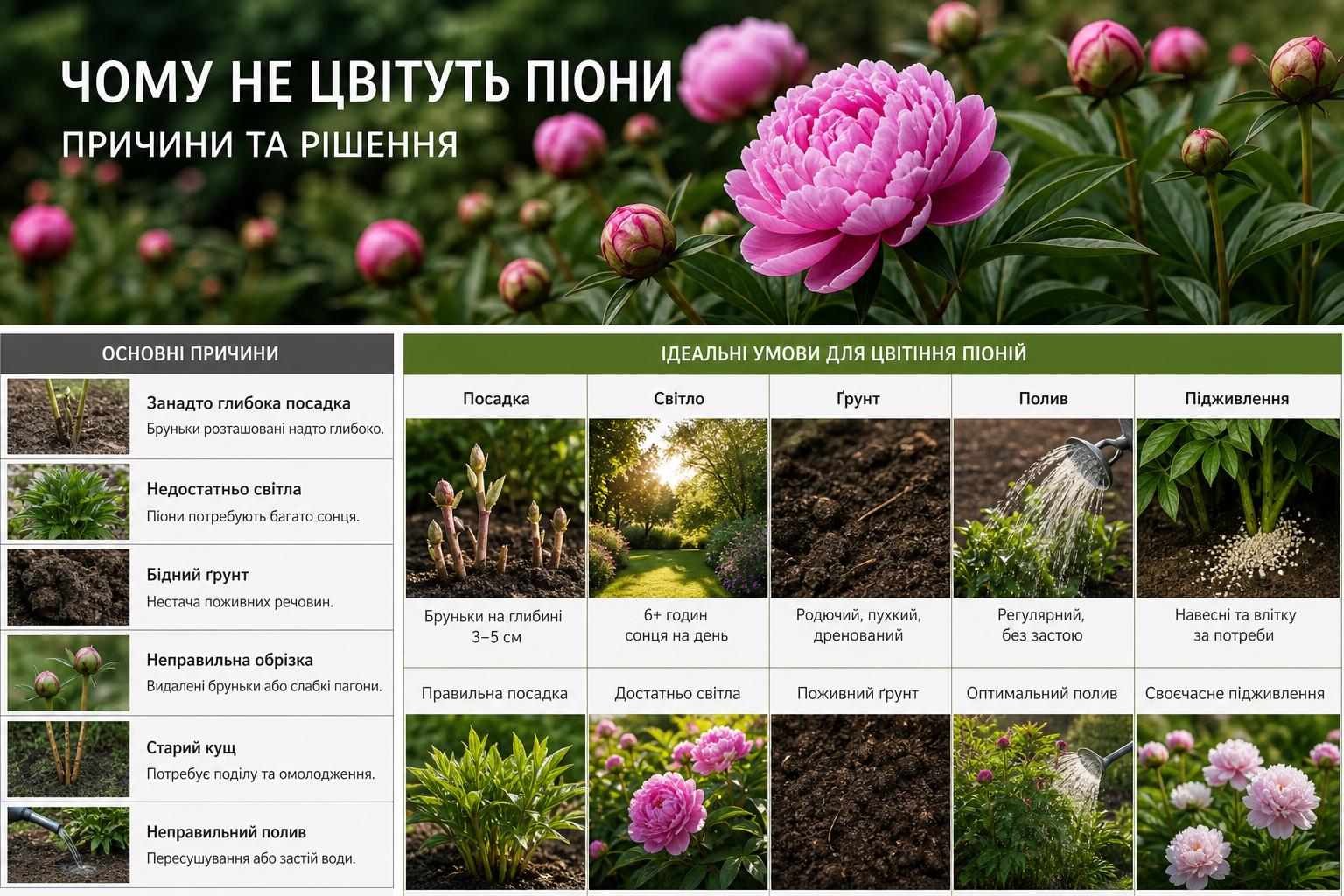 Чому не цвітуть піони, що робити, основні причини. Порівняльна таблиця: ідеальні умови для цвітіння півоній Чому не цвітуть піони, що робити, основні причини. Порівняльна таблиця: ідеальні умови для цвітіння півоній