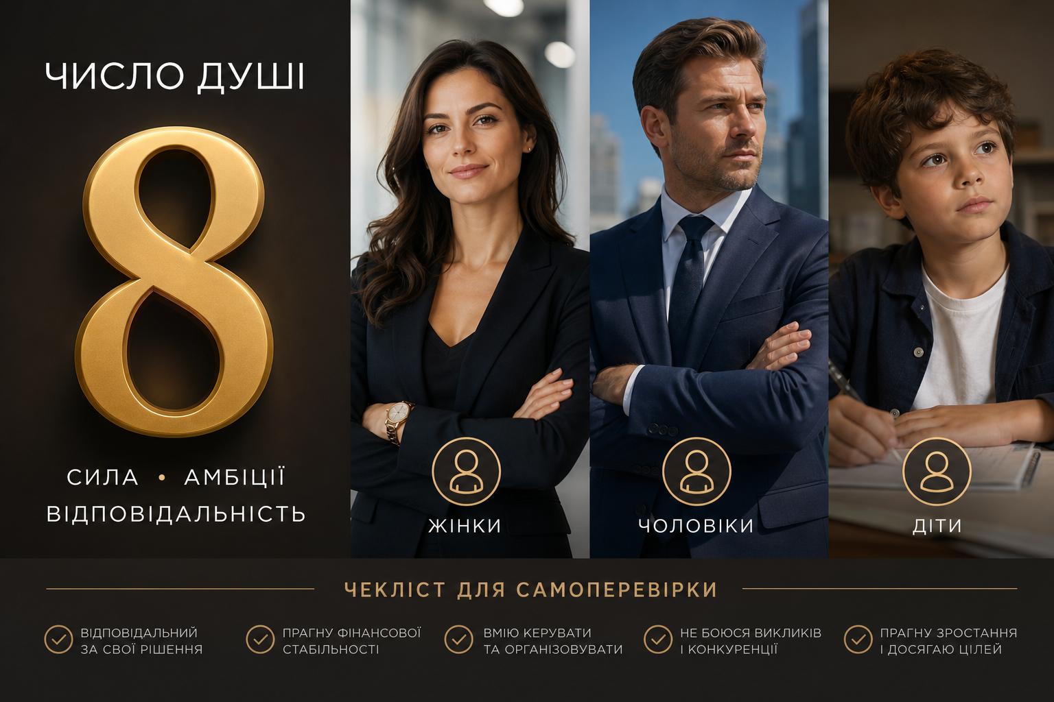 Число душі 8: значення, характеристика жінок, чоловіків і дітей. Невеликий чекліст для самоперевірки Число душі 8: значення, характеристика жінок, чоловіків і дітей. Невеликий чекліст для самоперевірки