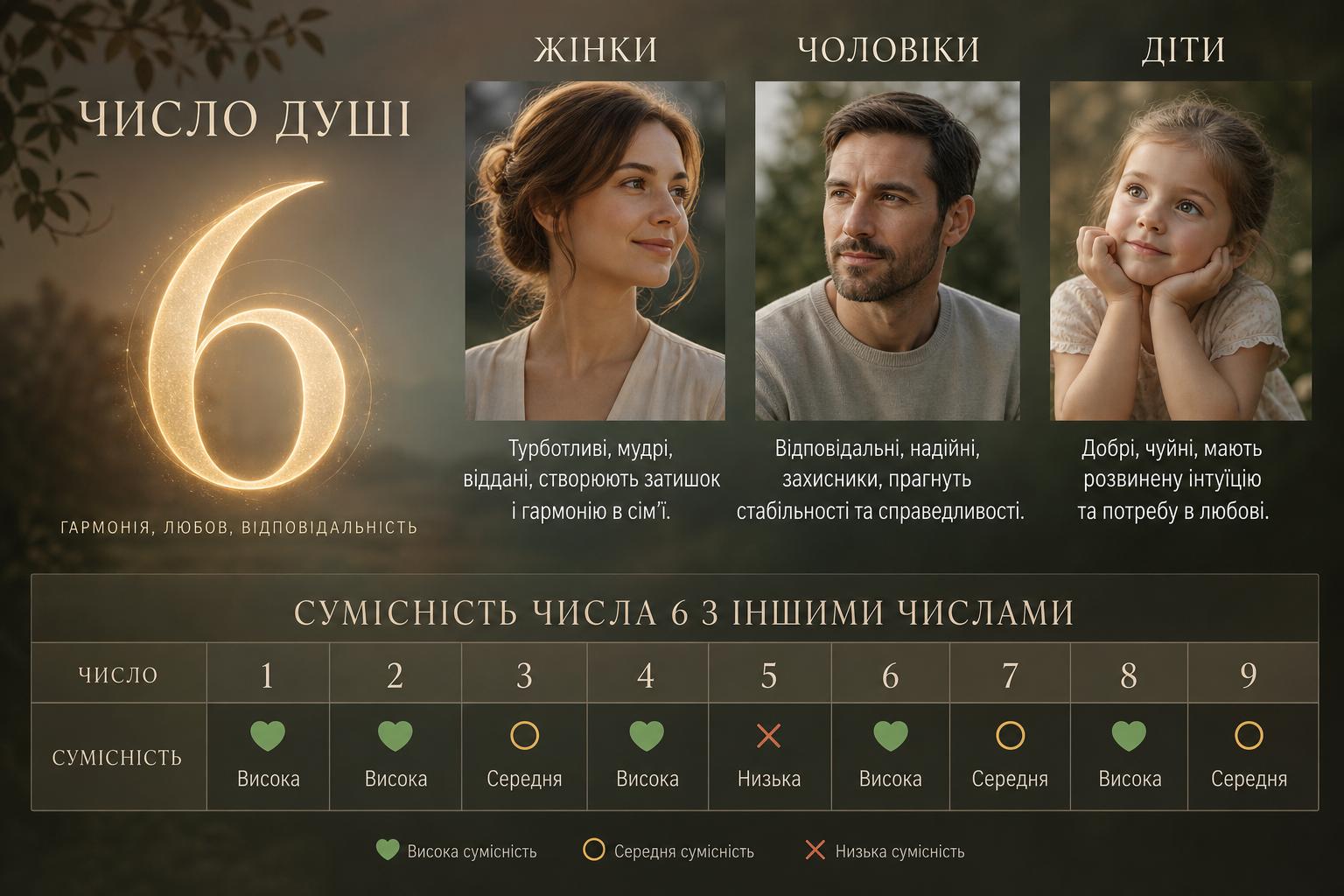 Число душі 6: значення, характеристика жінок, чоловіків і дітей. Сумісність числа 6 з іншими числами: таблиця порівняння Число душі 6: значення, характеристика жінок, чоловіків і дітей. Сумісність числа 6 з іншими числами: таблиця порівняння