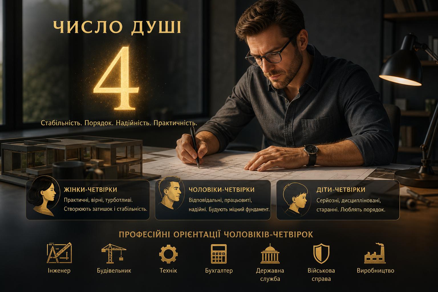 Число душі 4: значення, характеристика жінок, чоловіків і дітей. Професійні орієнтації чоловіків-четвірок Число душі 4: значення, характеристика жінок, чоловіків і дітей. Професійні орієнтації чоловіків-четвірок